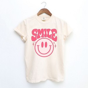 Simply Sage Market Women's Pink Distressed Smiley Face Short Sleeve Garment Dyed Tee - 1 of 2