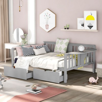 NicBex Full Size Daybed Modern Wooden Bed Frame with 2 Drawers, 2 Tables and Guardrails for Bedroom, Living Room, No Box Spring Required