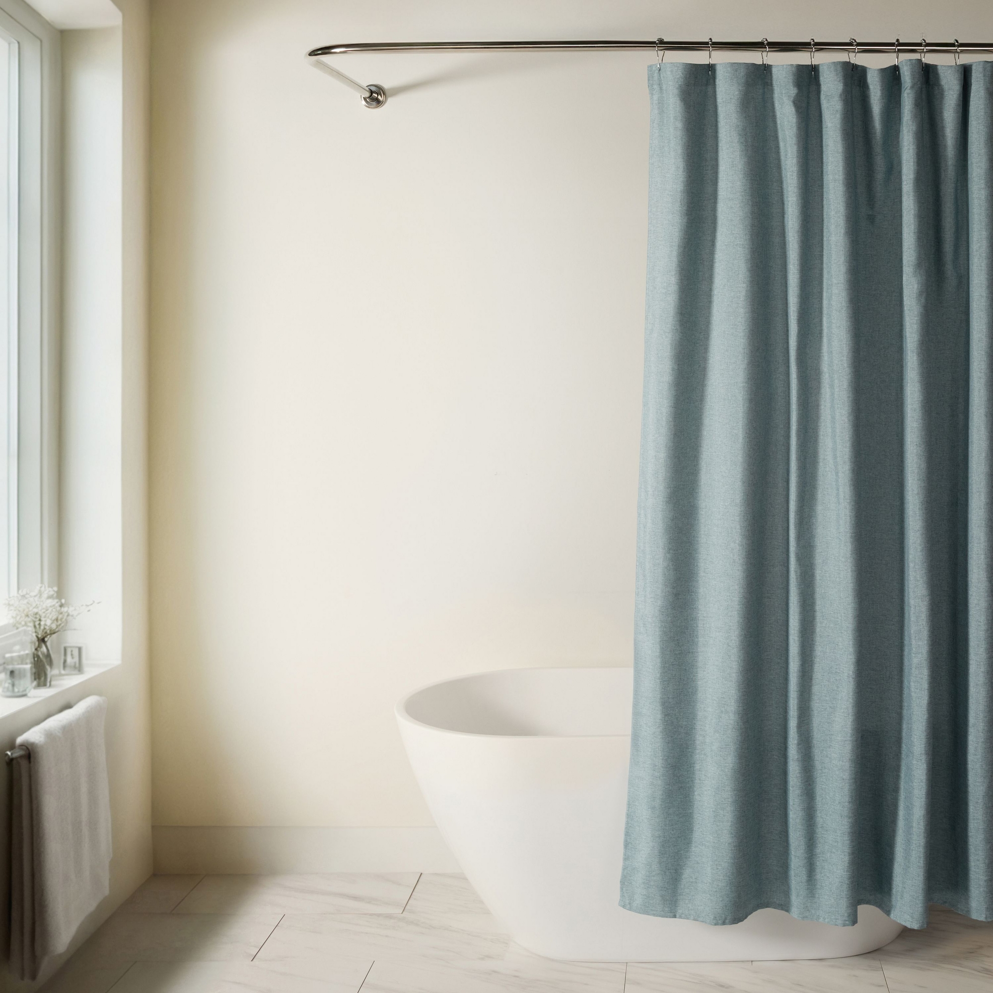 Linen-Look Solid Shower Curtain – 72" x 72" Polyester, Neutral Bathroom Decor - Becky Cameron, Light Blue