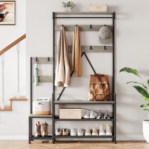 Parent-Child Coat Rack Shoe Bench Hall Tree with Bench and Shoe Storage, Industrial Coat with Shoe Rack, Storage Cubbies, Hooks, and Top Shelf - 1 of 4