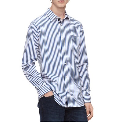 Calvin Klein Mens Striped Button Up Shirt, blue, 2XL Neck