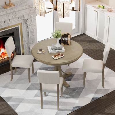 Whisen 5-Piece Retro Round Dining Table Set with Curved Trestle Style Table Legs and 4 Upholstered Chairs