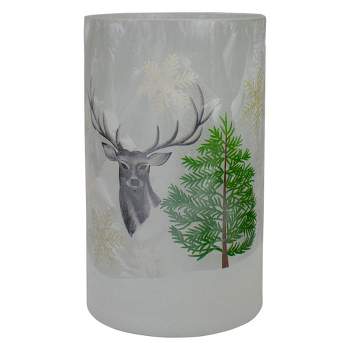 Northlight 10" Deer, Pine and Snowflakes Hand Painted Flameless Glass Christmas Candle Holder