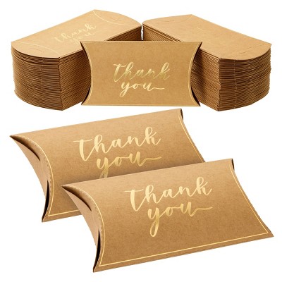 Sparkle and Bash 100 Pack Kraft Wedding Party Favor Pillow Boxes with Gold Foil Thank You, Bulk Gift Wrap for Party Supplies, 5 x 3 In