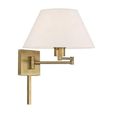 Antique Brass Swing Arm Wall Lamp with Oatmeal Fabric Shade