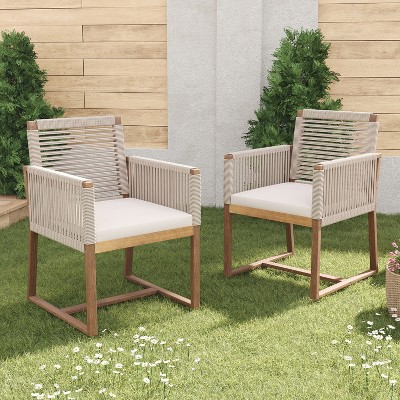 Set of 2 Acacia Wood Outdoor Patio Chairs with Handwoven Rope Back and Arms, Outdoor Dining Chairs with Water-Resistant Cushions, Light Brown - Merax