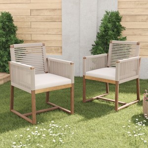 2 pcs Patio Chairs, Outdoor Acacia Wood Dining Chairs with Cushions, Handwoven Rope Back and Arms  -Christopher Knight Home - 1 of 4