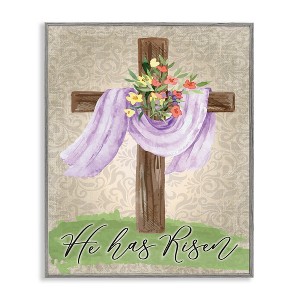 Stupell Industries He Has Risen Spring Floral Cross Brown Damask Pattern, 20" x 16" - 1 of 4