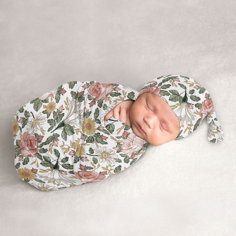 Sweet Jojo Designs Girl Baby Cocoon and Beanie Hat Swaddle Wrap Vintage Floral Pink Green and Yellow 2pc, 1 of 7