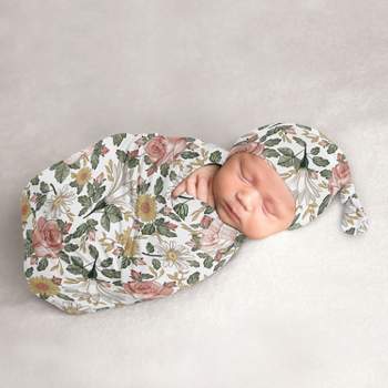 Sweet Jojo Designs Girl Baby Cocoon and Beanie Hat Swaddle Wrap Vintage Floral Pink Green and Yellow 2pc