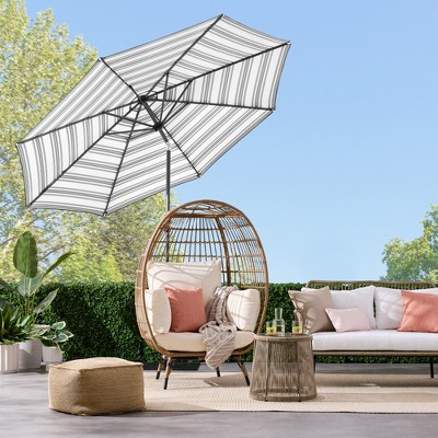 10ft Striped Gray Market Umbrella with Solar LED Lights and Metal Pole