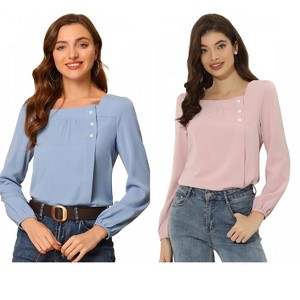Allegra K Women's Casual Button Decor Long Sleeve Solid Square Neck Blouse 2 Packs - 1 of 4
