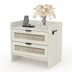 Rattan Nightstand with Charging Station, Boho Nightstand with Type-C Port, 2 Rattan Drawers & Storage Space, Bedside Table for Bedroom, Office - 1 of 4