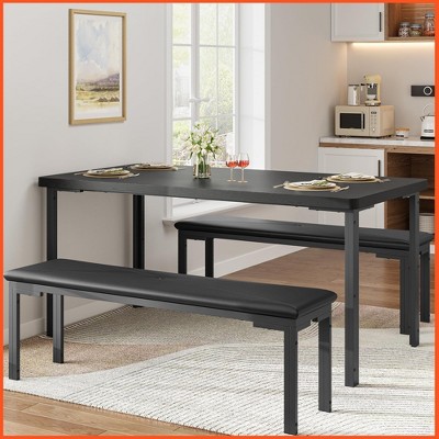 Homhougo Kitchen Table and 2 Dining Benches Set, 3 Piece Dining Table Set for 4, Space-Saving Dinette for Kitchen