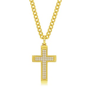 Metallo Mens Stainless Steel Polsihed CZ Cross Necklace - Gold Plated - Gold - 24 Inch - 1 of 3