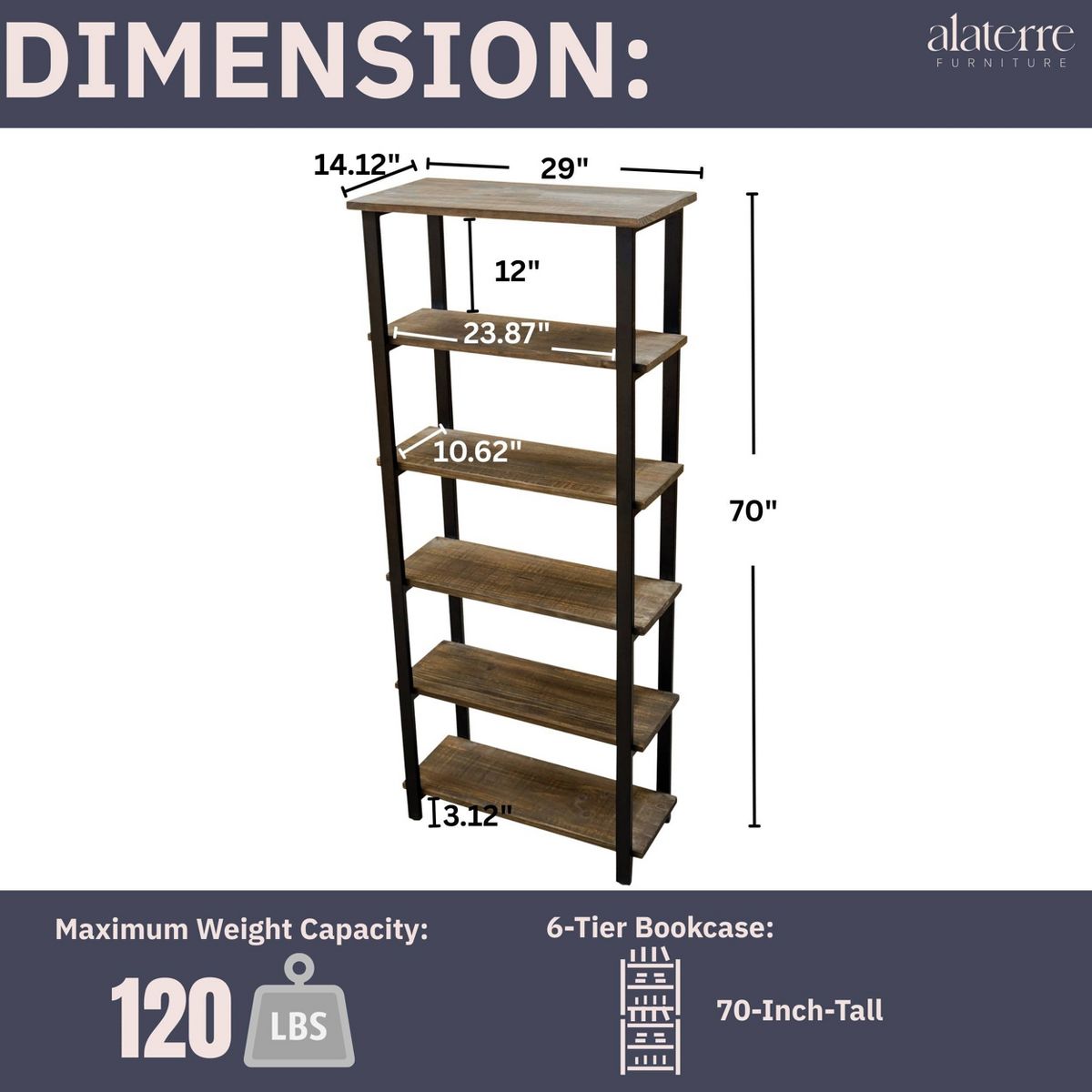 70" Pomona 5 Shelf Bookshelf Metal and Solid Wood Natural - Alaterre Furniture - thumbnail 4