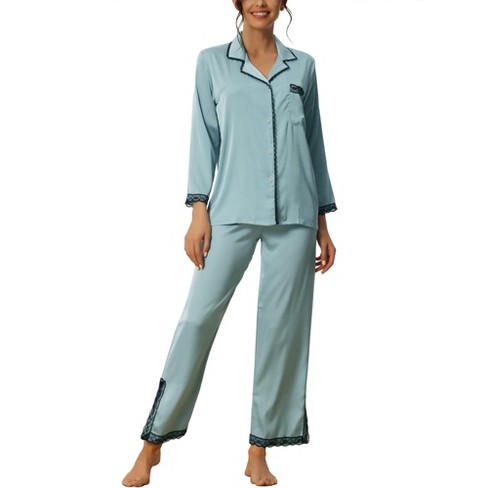 cheibear Women's Satin Lace Long Sleeve Button-Down Shirt with Pants Pajama  Sets 2 Pcs Blue Large