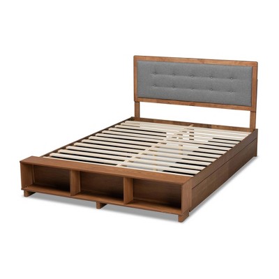 Walnut Queen Platform Bed with Gray Upholstered Headboard and Storage Drawers