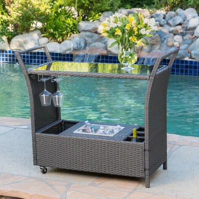 Outdoor Rolling Wicker Bar Cart, Rattan Serving Cart with Removable Ice Bucket, Outdoor Bar Cart with Glass Top for Pool Party Backyard Porch