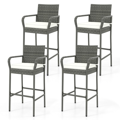 Tangkula Outdoor Bar Stools Set of 2/4 All Weather PE Rattan Bar Chairs w/ Armrests & Seat Cushions Patio PE Wicker Barstools