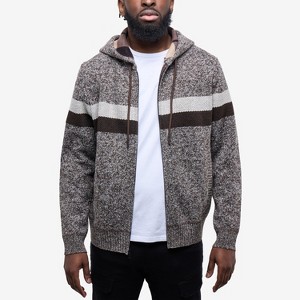 CULTURA Mens' Full Zip Hooded Striped Cardigan Sweater With Faux Shearling Lining - 1 of 4