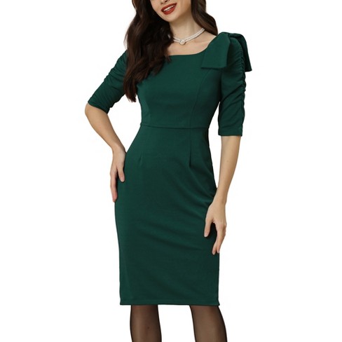 Allegra K Women's Business Casual Square Neck 3/4 Sleeve Bow Ruffle Bodycon  Dress Deep Green Medium