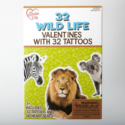 Paper Magic 32ct Valentine's Day Wild Life Classroom Exchange Cards with Tattoos