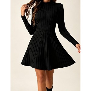 black knitted dress slimming Women Mock Neck Long Sleeve Ribbed Knit Slim Fit Flared A‑Line Swing Mini Dress : Target Bodycon sweater