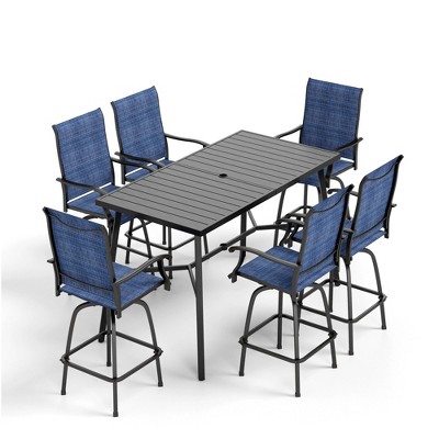 Captiva Designs 7pc Slatted Top Rectangle Metal Bar Table with X-Shaped Cross Bracket & Sling Swivel Bar Stools