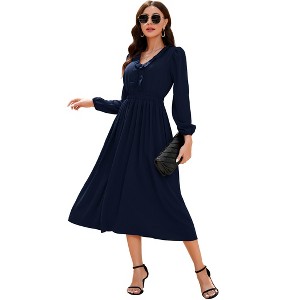 Womens Pleated Party Dress Long Sleeve V Neck Ruffle Elastic Empire Waist Wedding Guest Cocktail Dress - 1 of 4