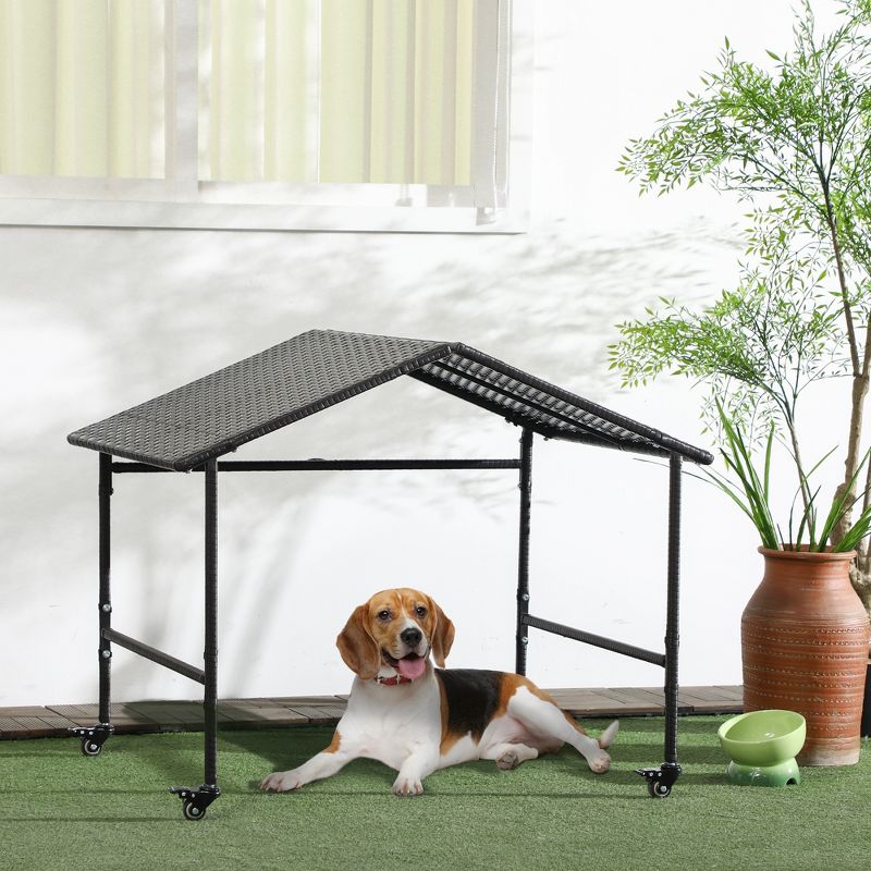 PawHut Wicker Dog Shelter with Wheels, Portable Outdoor Animal Shelter for Small and Medium Sized Dogs, Dark Brown, 2 of 7