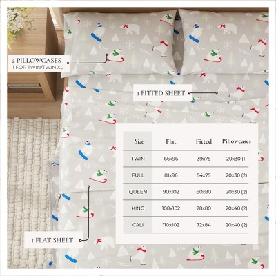 Twin Gray Cotton Flannel Sheet Set with Polar Bear Print