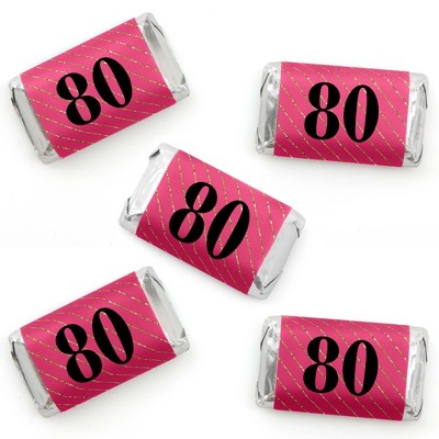 Big Dot of Happiness Chic 80th Birthday - Pink, Black and Gold - Mini Candy Bar Wrapper Stickers - Birthday Party Small Favors - 40 Count