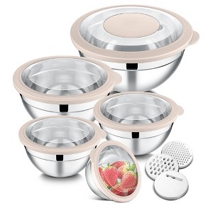Itopfox Stainless Steel Mixing Bowls Set with Transparent Lids & 3 Graters, Nesting Salad Bowls for Kitchen Prepping, Serving, Baking & Food Storage - 1 of 4