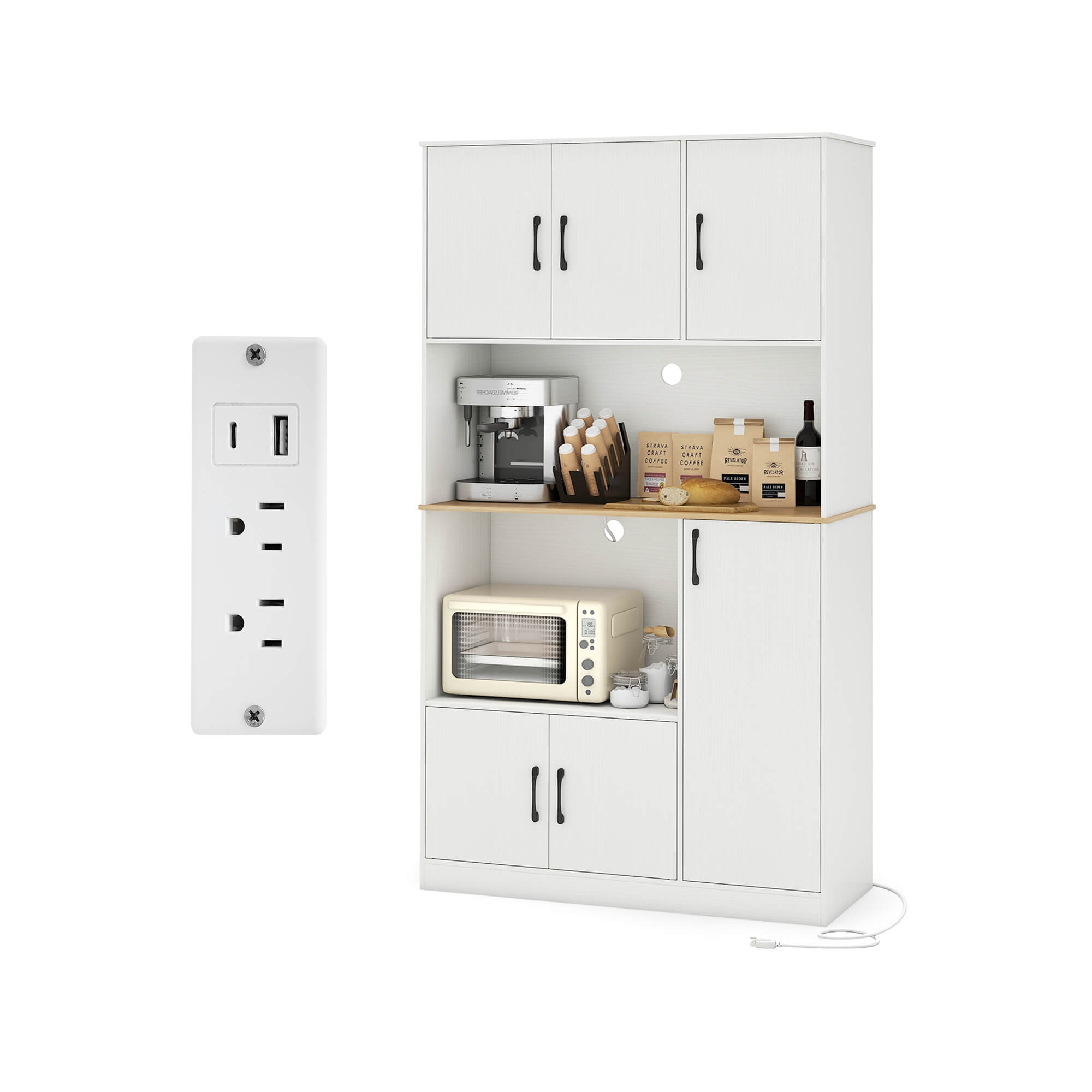 Costway 71” Tall Kitchen Pantry Cabinet with Charging Station, Microwave Stand & Doors White