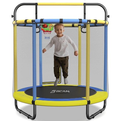 BCAN 55" Trampoline for Kids with Thickened Enclosure Net, Toddler Trampoline Indoor/Outdoor with Adjustable Gymnastics Bars & Basketball Hoop