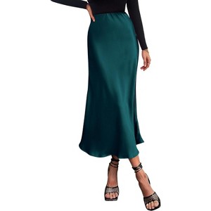 Women's 2025 Satin Midi Skirt - Elegant High Waist A-Line for Cocktail & Wedding Events Dark Blue - 1 of 4