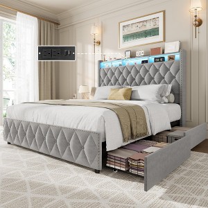 Coucheta Queen Bed Frame - 50" Tall Headboard,4 Storage Drawers,Velvet Platform,USB Charging,LED Lights,No Box Spring(Grey) - 1 of 4