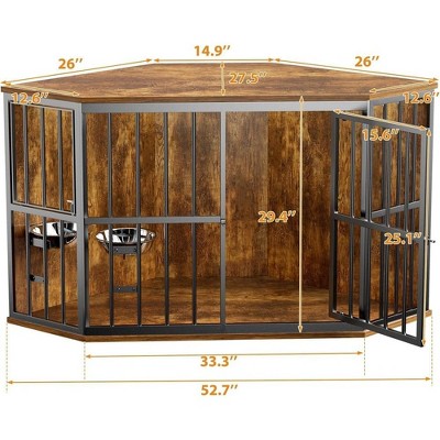 LOVMOR Corner Dog Crate Corner Side Table with Stainless Steel Bowls