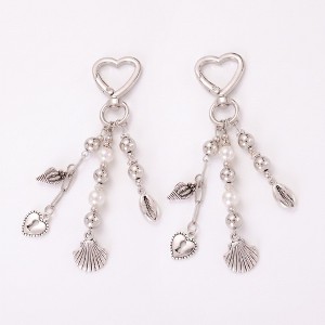 Alilang Seashell & Pearl Heart Clasp Bag Charm Key Chain 2 Pair