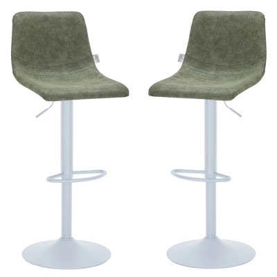 LeisureMod Tilbury Bar Stools with White Iron Base – Adjustable Height Counter Stools with Leather Seat, Swivel Function & Footrest Set of 2
