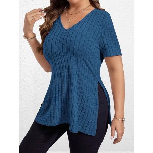 Clearlove Womens Plus Size Tops V Neck Short Sleeve Shirts Split Hem Color Summer Casual Blouses Pullover Fitted Tops Textured - 1 of 4