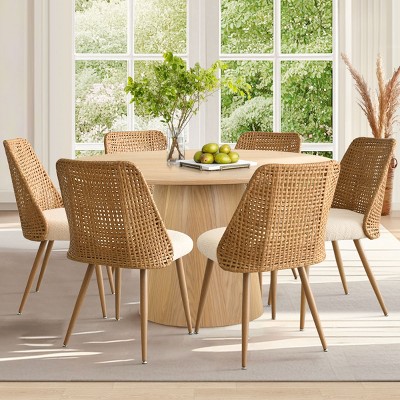 Rattan Dining Chair Set Of 6,Boucle Upholstered Dining Chair, With Oak Metal Legs For Kitchen,Dining Room,Living Room,Farmhouse-Tanpinhause