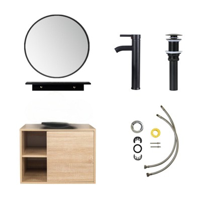 ELECWISH 24 in. W x 19 in. D x 29 in. H Single Sink Bath Vanity in Burlywood with Burlywood Solid Surface Top and Mirror
