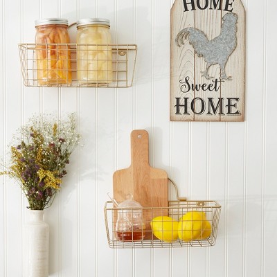 Vintage Gold Wire Wall Basket Set, Small Rectangular, 11.8"