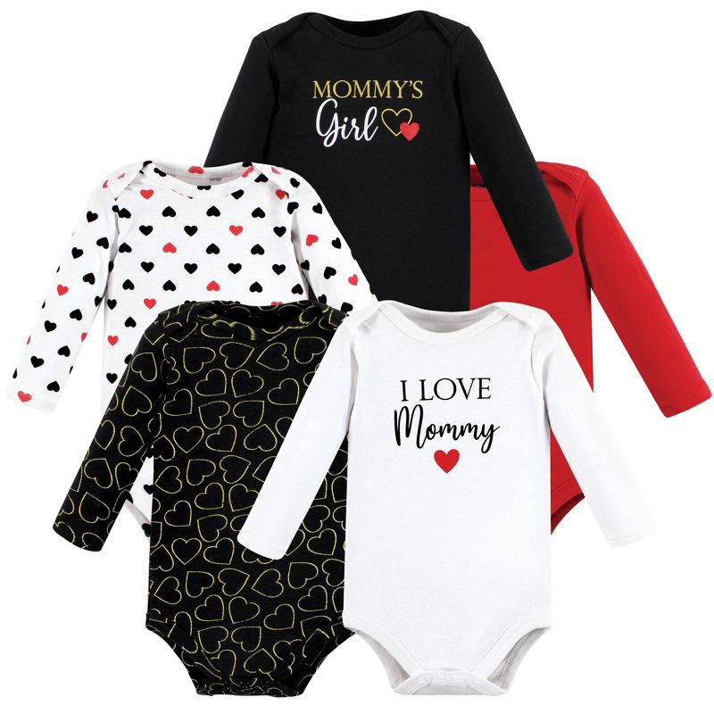 Hudson Baby Infant Girl Cotton Long-Sleeve Bodysuits, Girl Mommy Red Black 5-Pack, 1 of 8