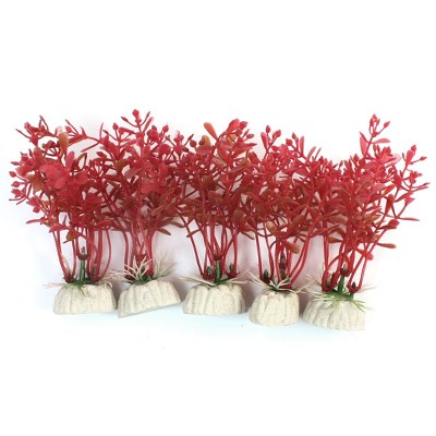 Unique Bargains Plastic  Plant w Ceramic Base for Fish Tank 4" High Red 5 Pcs