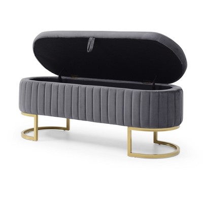 Vynxaria 50" Gray Velvet Oval Bench - Stylish Ottomans and Benches with Ample Storage