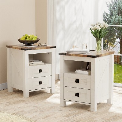 Nightstand Set of 2, Farmhouse End Table with Charging Station & 2 Drawers, 18″ Wood Bedside Table for Bedroom/Living Room/Hallway