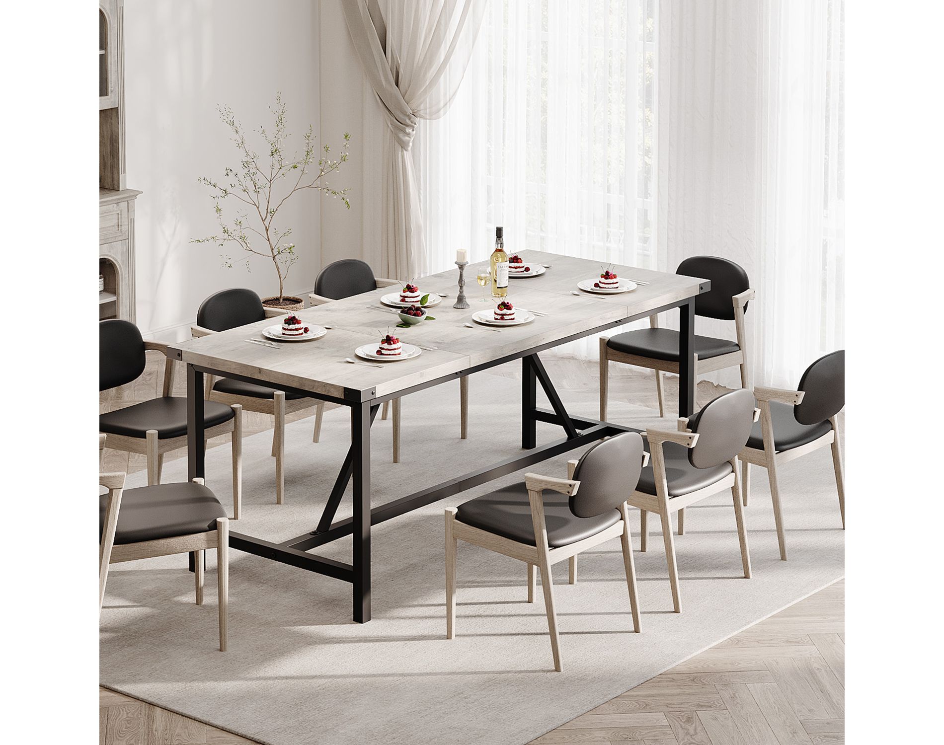 Dining Table for 6 with Corner Iron Protectior, 71Inch Rectangular Wood Kitchen Table with H-Heavy Duty Metal Legs, for Dining Room, Rustic Gray